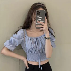Womens new Korean summer 2021 belted puffy sleeve crop top