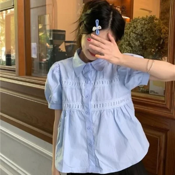 Summer Womens Short Sleeve Shirt Loose bubble sleeves