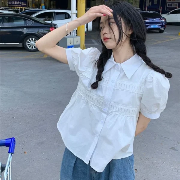 Summer Womens Short Sleeve Shirt Loose bubble sleeves