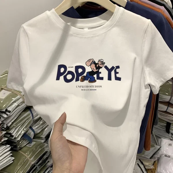 Womens Casual Full Shoulder Cotton Tshirt Short Sleeve Popeye Print