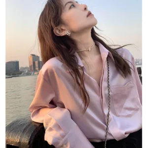 Temperament Womens acetate satin blouse long sleeve polo neck loose style