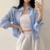 Korean womens striped blouse long sleeve loose short fold collar
