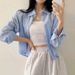 Korean womens striped blouse long sleeve loose short fold collar