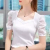 Women Vneck French Style Puff Sleeve Tops Solid Color Short Sleeve T Shirts
