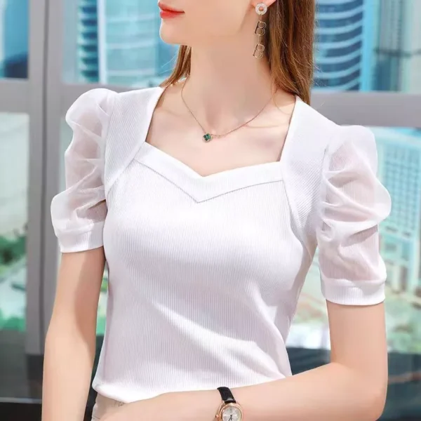 Women Vneck French Style Puff Sleeve Tops Solid Color Short Sleeve T Shirts