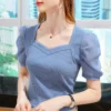 Women Vneck French Style Puff Sleeve Tops Solid Color Short Sleeve T Shirts