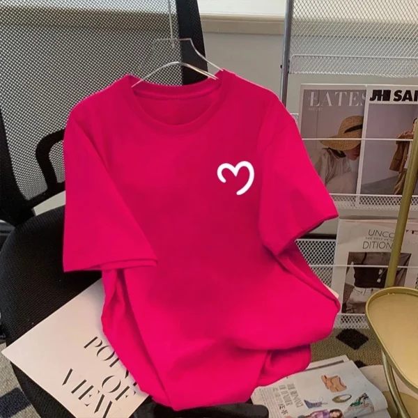 Summer Women T shirt New Loose Round Neck Korean Love Print