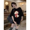 kumikumi Cute Casual Red scarf teddy Print oversized Loose round neck Tshirt for women