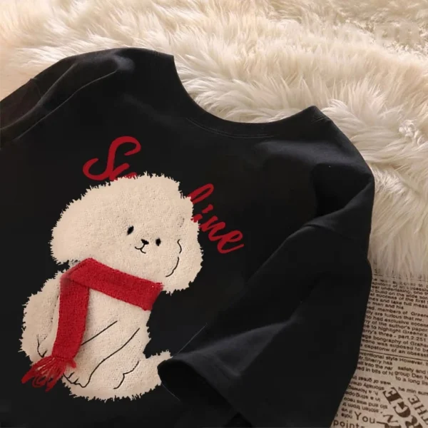 kumikumi Cute Casual Red scarf teddy Print oversized Loose round neck Tshirt for women