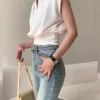 Korean womens solid color sleeveless shirt Vneck short waist