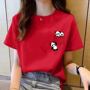 TWomen Short Sleeve Top Summer New pocket panda Cartoon Printed Tshirt korean fashion women tops Loose round neck t shirt women