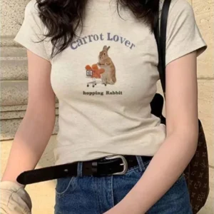 Summer women shoulder printed cotton Tshirt short sleeve round neck slim