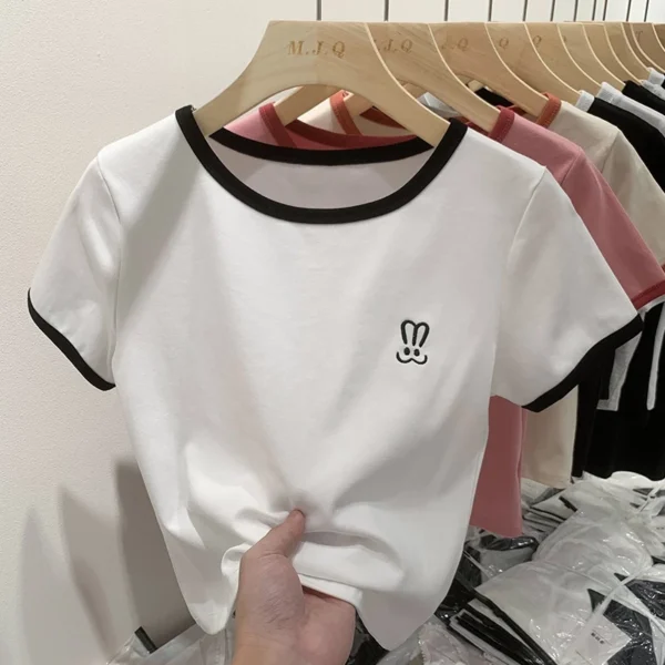 Summer womens Rabbit Embroidery pure cotton Tshirt short sleeve bump color crew neck