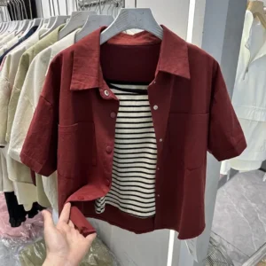 Korean womens cotton short sleeve jacket solid color polo collar loose Single coat