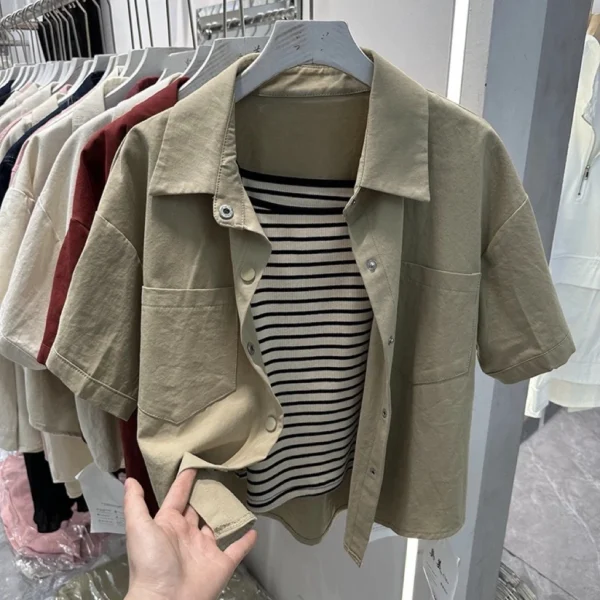 Korean womens cotton short sleeve jacket solid color polo collar loose Single coat