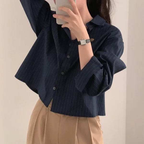 Korean style womens simple striped longsleeved shirt polo neck loose short style