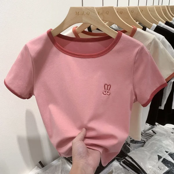 Summer womens Rabbit Embroidery pure cotton Tshirt short sleeve bump color crew neck