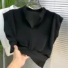Korean womens solid color sleeveless shirt Vneck short waist