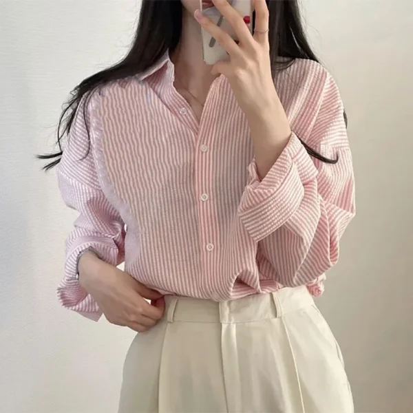 Korean womens striped blouse long sleeve loose short fold collar