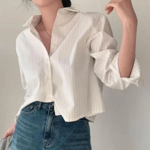 Korean style womens simple striped longsleeved shirt polo neck loose short style