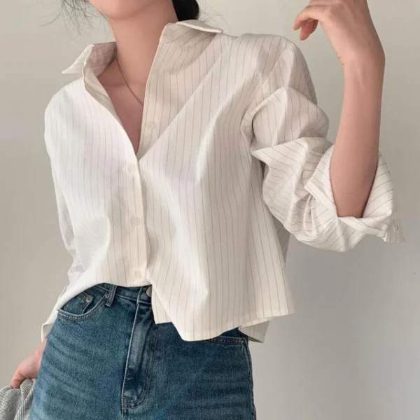 Korean style womens simple striped longsleeved shirt polo neck loose short style