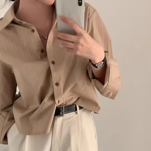 Korean style womens simple striped longsleeved shirt polo neck loose short style