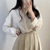 Korean womens striped blouse long sleeve loose short fold collar