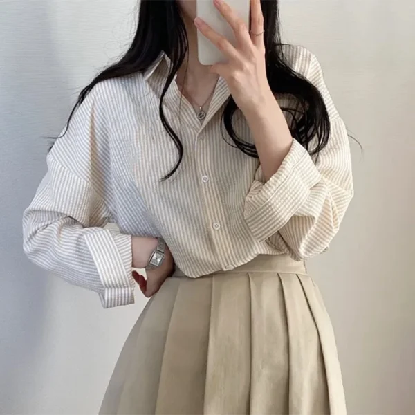 Korean womens striped blouse long sleeve loose short fold collar