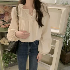 women vintage long sleeve blouse wooden ear edge round neck puffed sleeve loose version