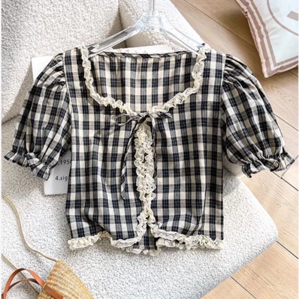 French women bubble sleeve top lace edge color contrast short short sleeve