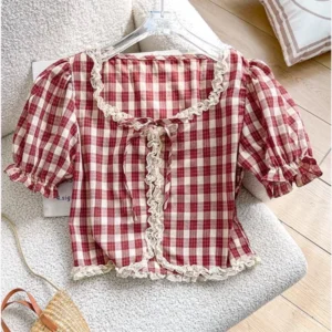 French women bubble sleeve top lace edge color contrast short short sleeve