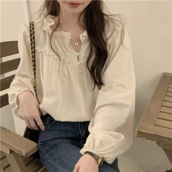 women vintage long sleeve blouse wooden ear edge round neck puffed sleeve loose version