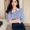 Korean style womens colormatching striped shirt with long sleeve polo collar