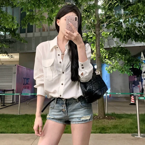 Korean style womens temperament white loose shirt long sleeve folding collar breathable sun protection