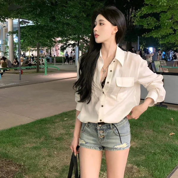 Korean style womens temperament white loose shirt long sleeve folding collar breathable sun protection