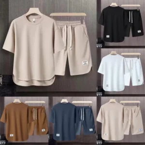 Summer New Waffle Plain Tshirt and Shorts Quick Dry Loose Comfort Sports Home Suit