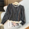 French style Ladies Lace striped long sleeve blouse crewneck single breasted loose version