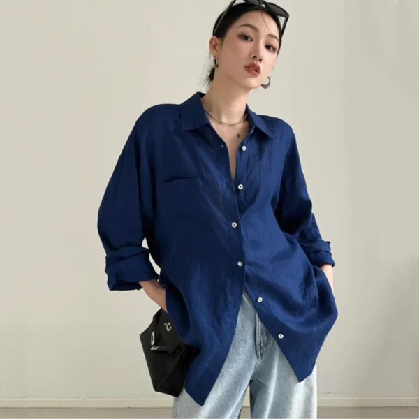 Autumn Womens breathable linen shirt long sleeve folding neck loose sun protection top