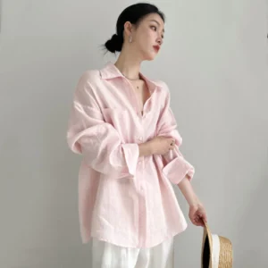 Autumn Womens breathable linen shirt long sleeve folding neck loose sun protection top