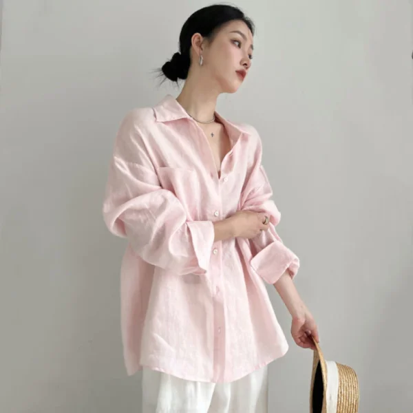 Autumn Womens breathable linen shirt long sleeve folding neck loose sun protection top