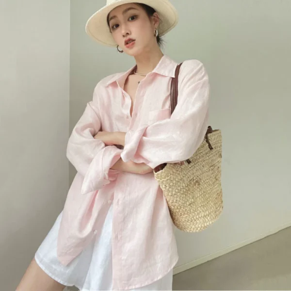 Autumn Womens breathable linen shirt long sleeve folding neck loose sun protection top