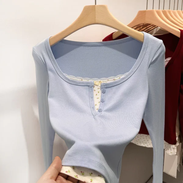 Spring and Autumn women floral fake two long sleeve Tshirt V neck lace fit