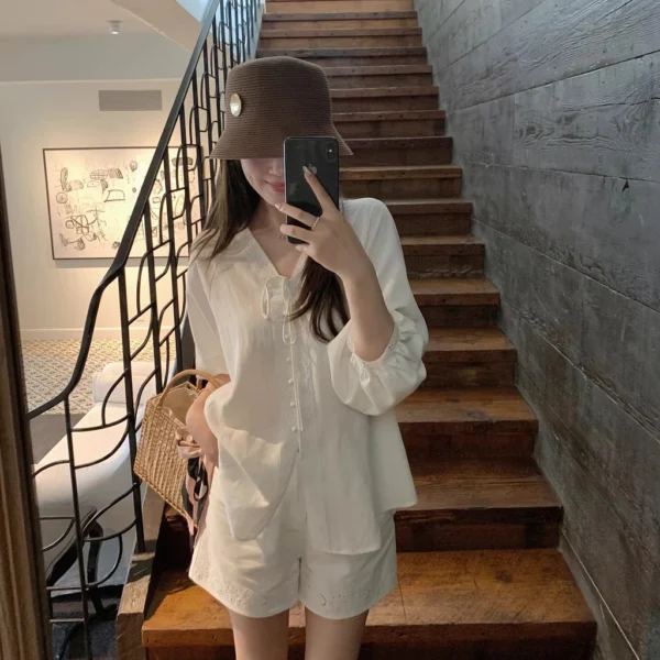 Womens Korean Cotton Loose Fit Blouse with Vneck Lace Detail  Comfortable Wear