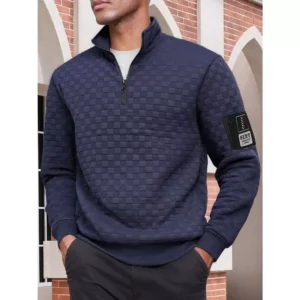 Tactical Fleece Jacket Men Warm Stand Up Collar Pullover Checkered Zipper Sweatshirt Jacket