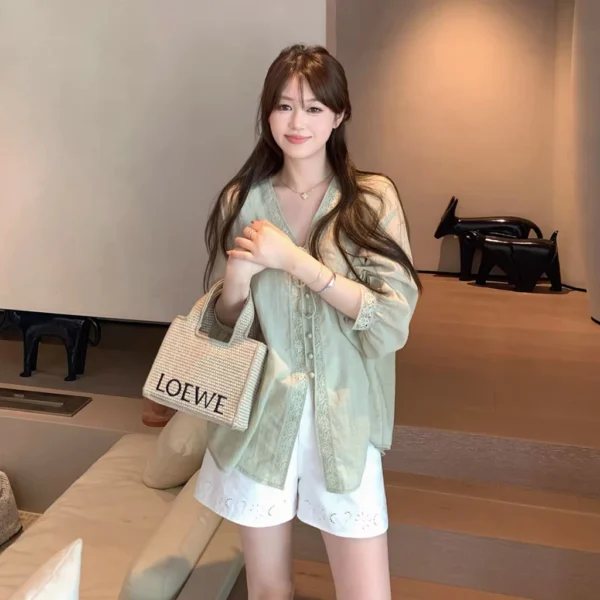 Womens Korean Cotton Loose Fit Blouse with Vneck Lace Detail  Comfortable Wear