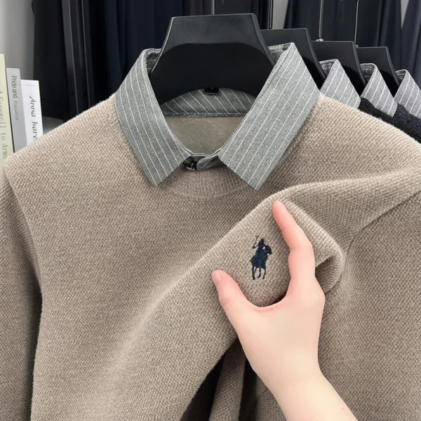 Knitted Bottoming Shirt Autumn Winter Mens Sweater Shirt Collar Fake Two Tops Men Winter Fashion Warm Long Sleeve