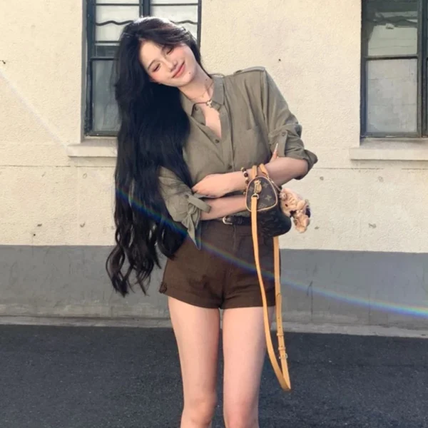 Koreanstyle Cotton Brocade Shirt  Retro Long Sleeve with TurnedDown Collar Loose Fit