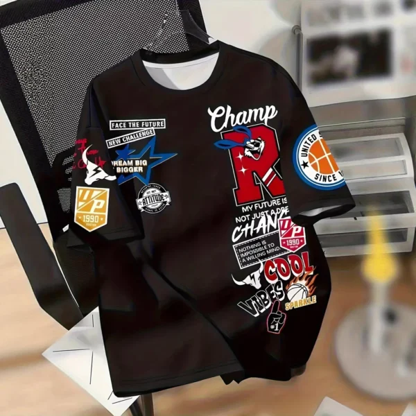 Shirt Trendy Round Neck Suit Mens Shirt Digital Printed Short Sleeved Top