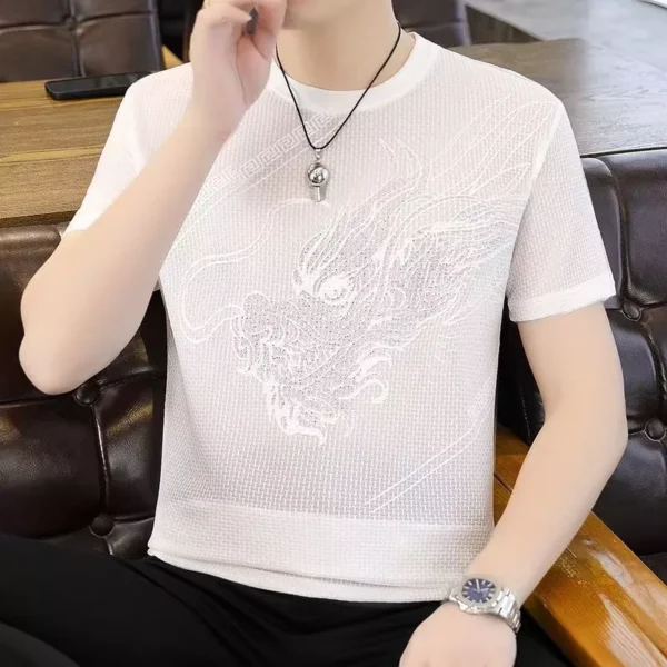 Summer Ice Silk Round Neck Short Sleeved Shirt Mens Bamboo Mesh Breathable Thin Half Sleeve Slim Fit Printed Quick Drying Top