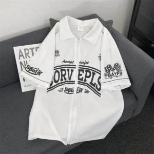 American Retro Short Sleeved Racing Suit Men Women Summer Street Wear Loose Casual Printed Zipper Cardigan Top Clothes